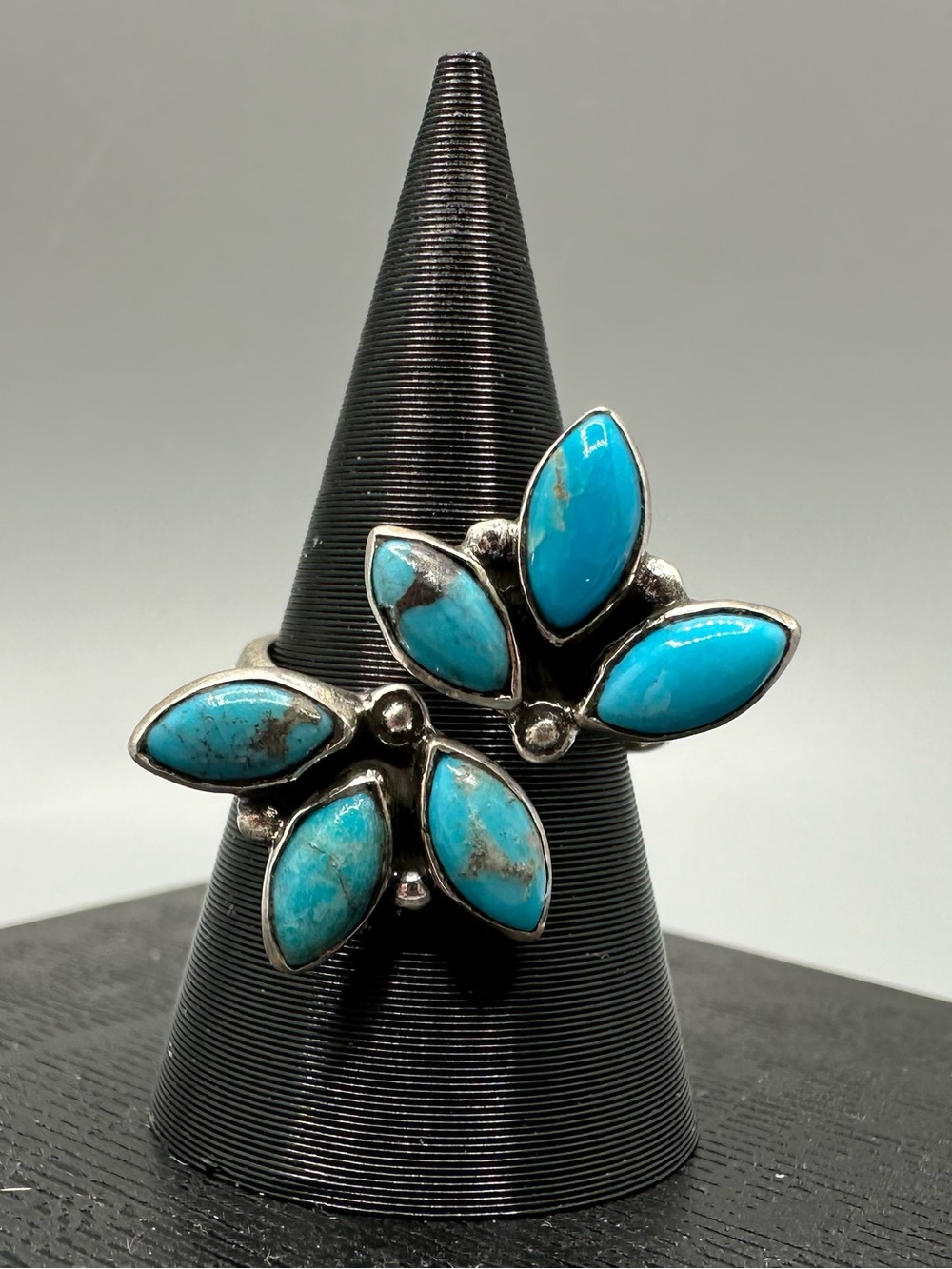 Kingman Turquoise Sterling Silver 925 Half Cluster Ring Handmade Floater Bypass